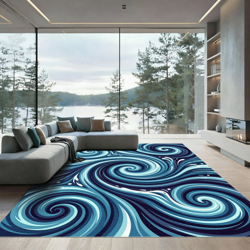 Deep Blue Swirling Water Current Rug