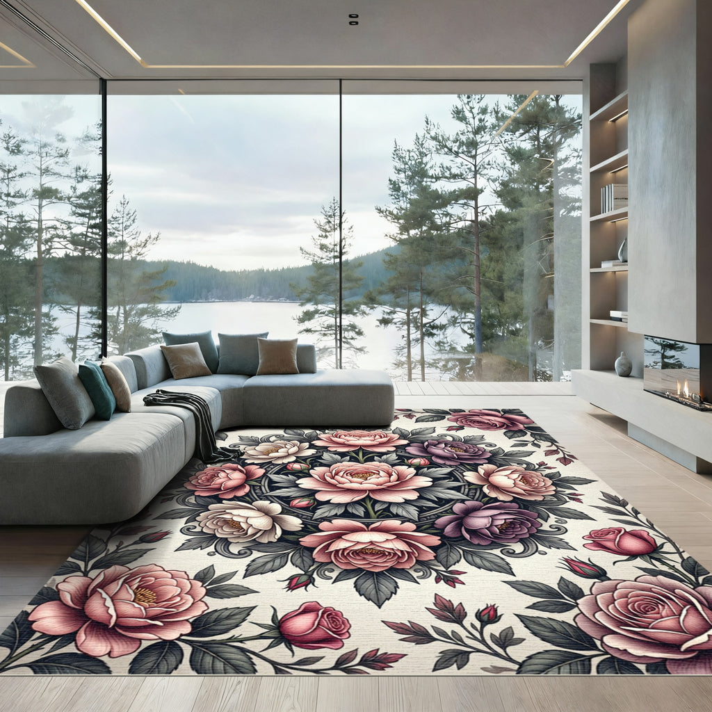 Elegant Floral Medallion Pink Rose Bouquet Rug