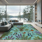 Blue Butterflies Lavender Garden Scene Rug