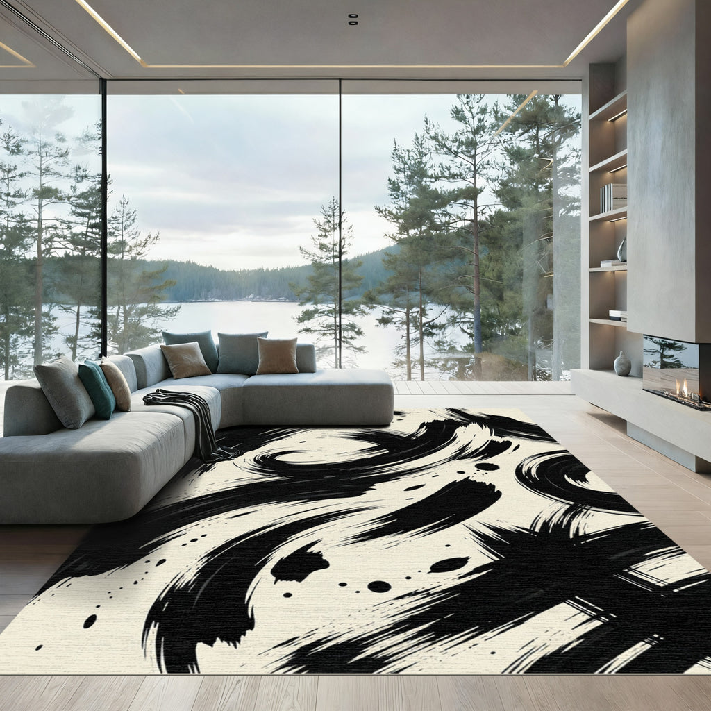 Bold Black Ink Swirl Abstract Rug
