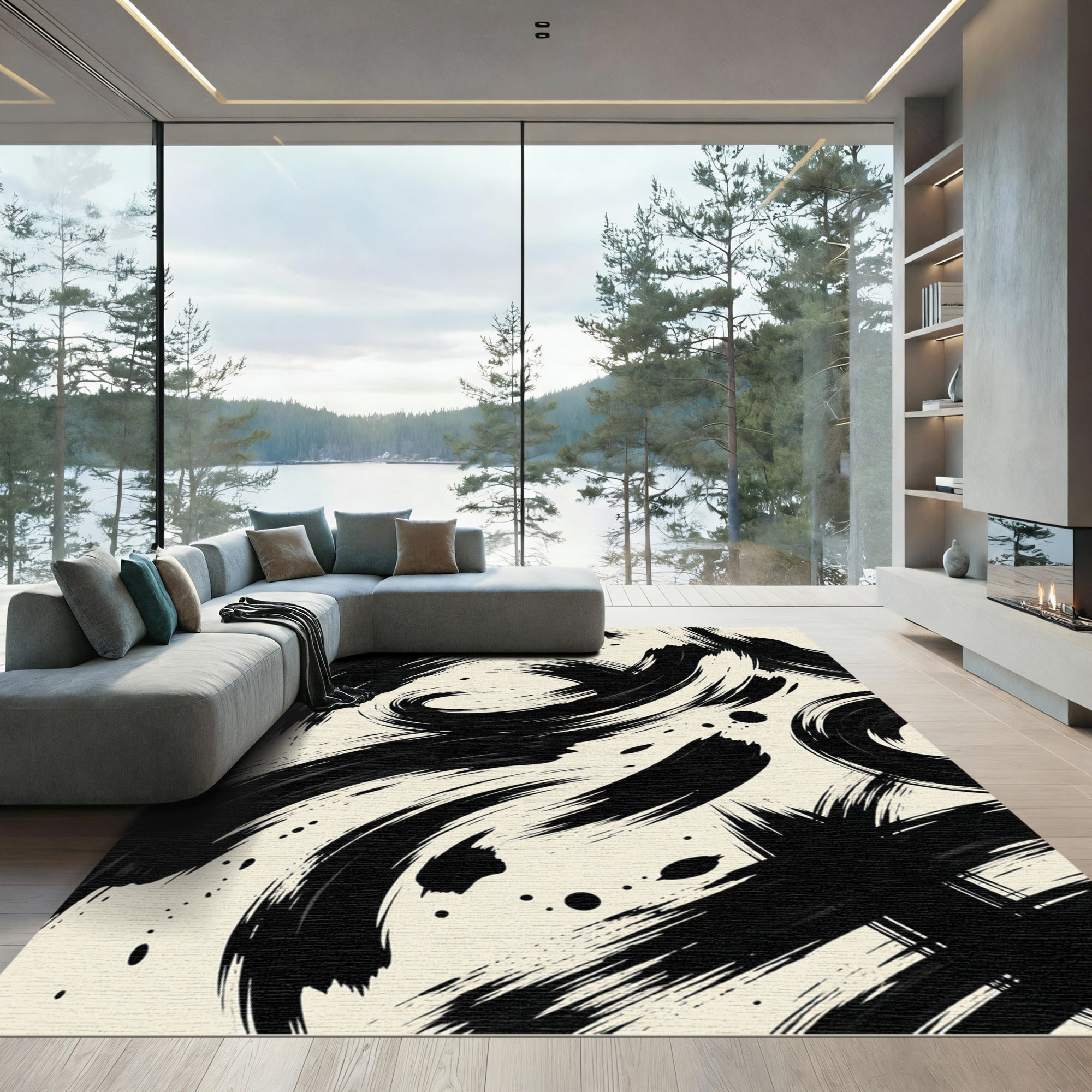 Bold Black Ink Swirl Abstract Rug