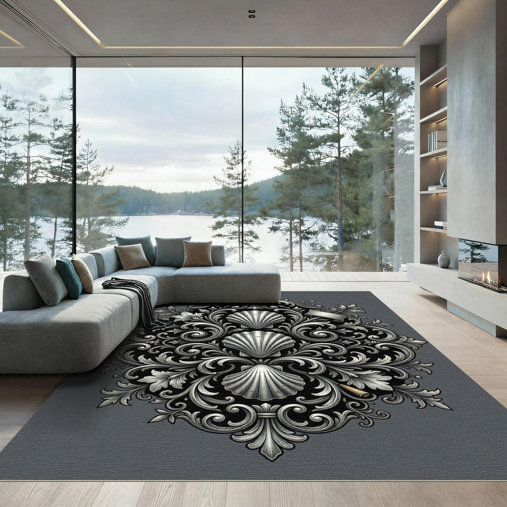 Elegant Silver Scalloped Shell Damask Rug
