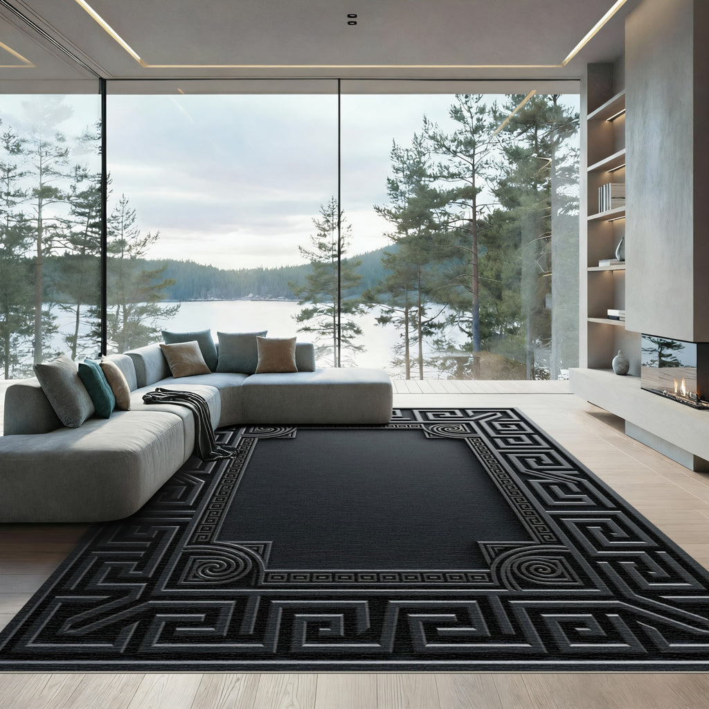 Dark Gray Greek Key Border Rug