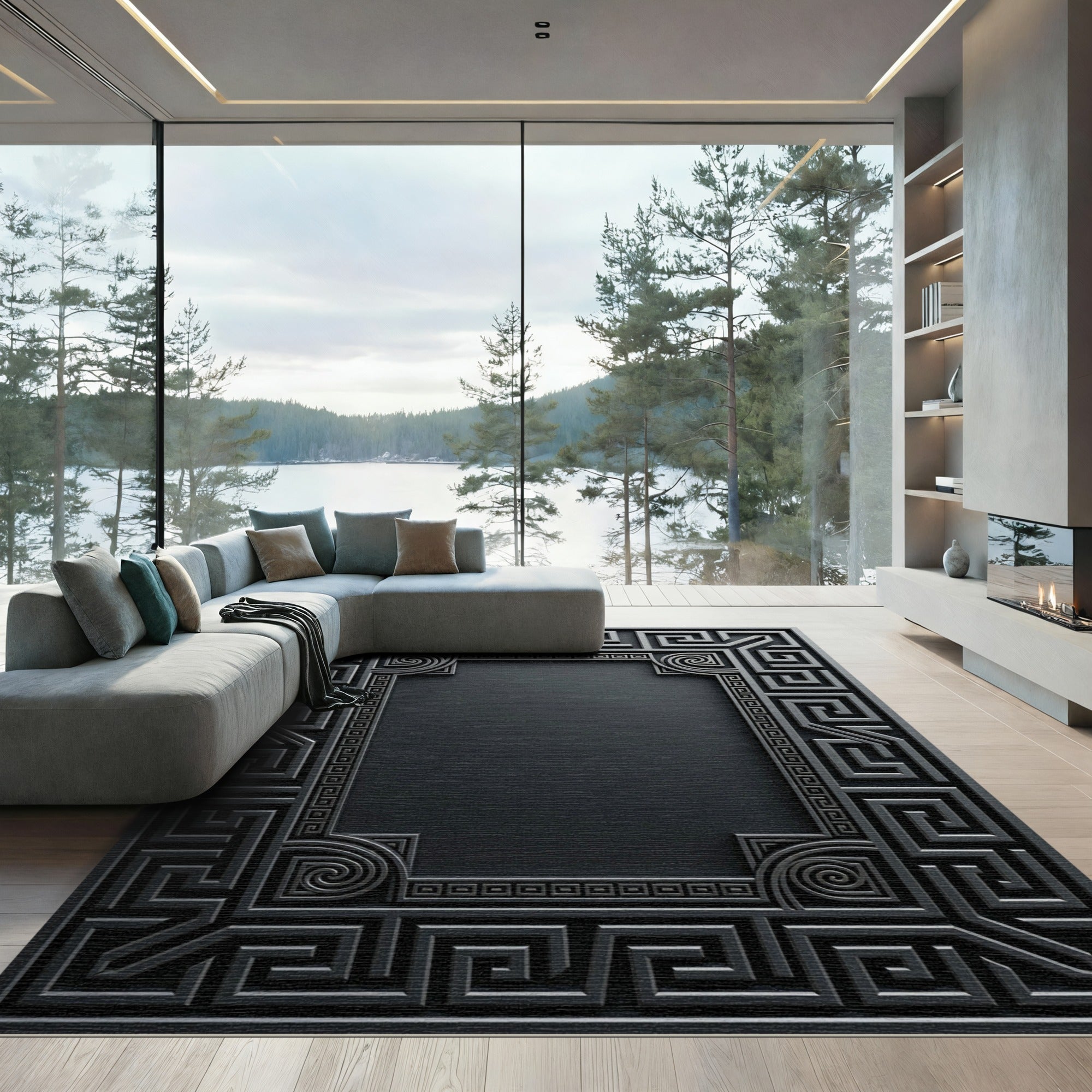 Dark Gray Greek Key Border Rug