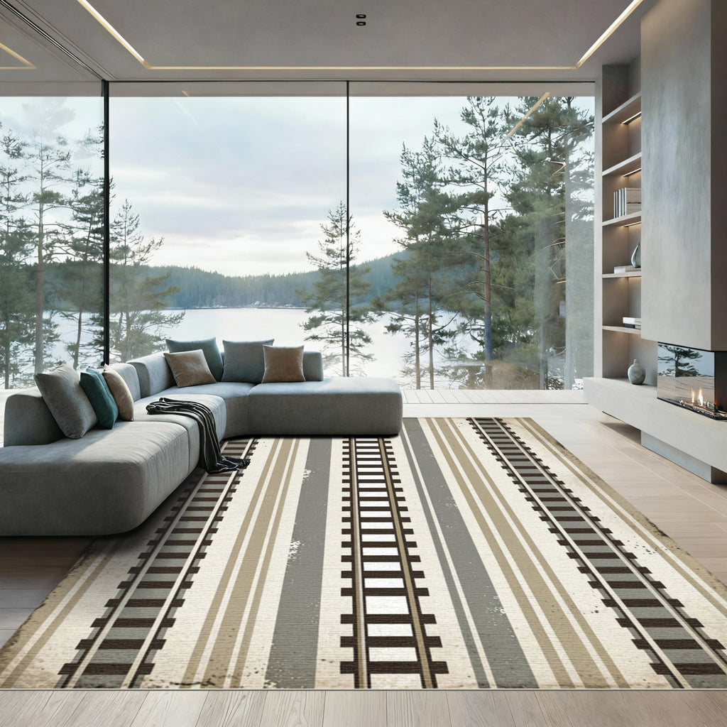 Vintage Neutral Striped Railway Motif Rug