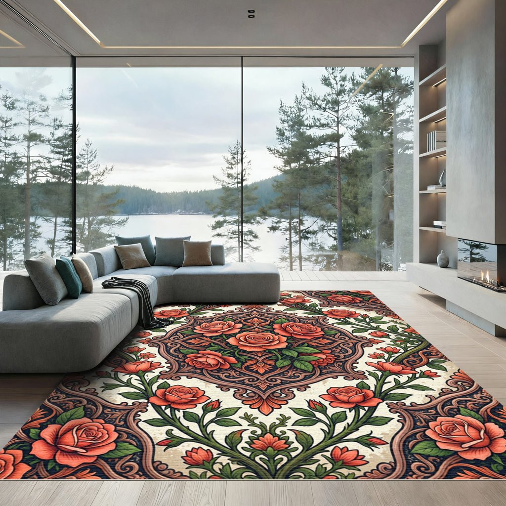 Ornate Damask Coral Rose Medallion Rug