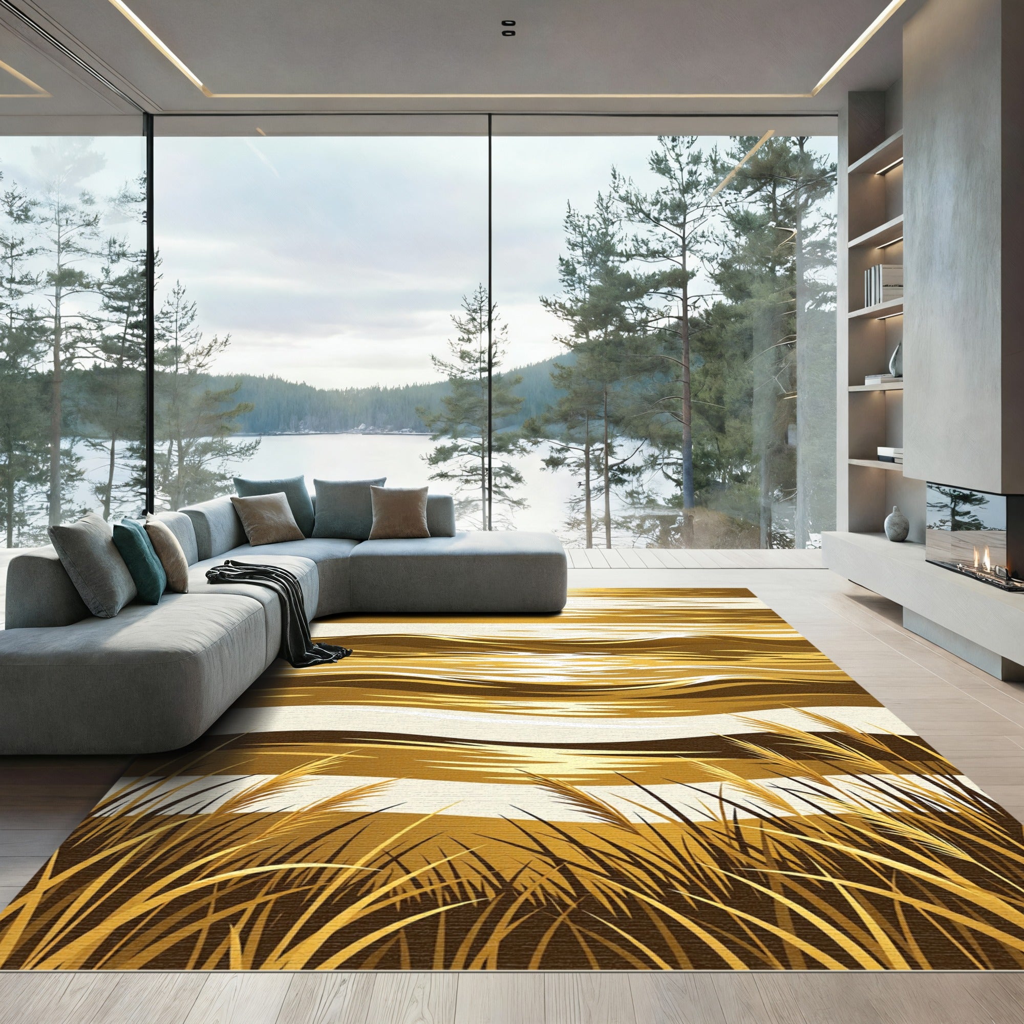Golden Coastal Grass Sunset Wave Artwork Rug