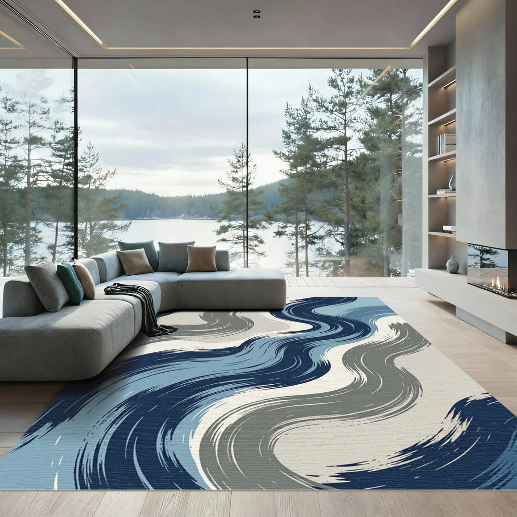Abstract Blue Grayscale Swirl Brushstrokes Rug