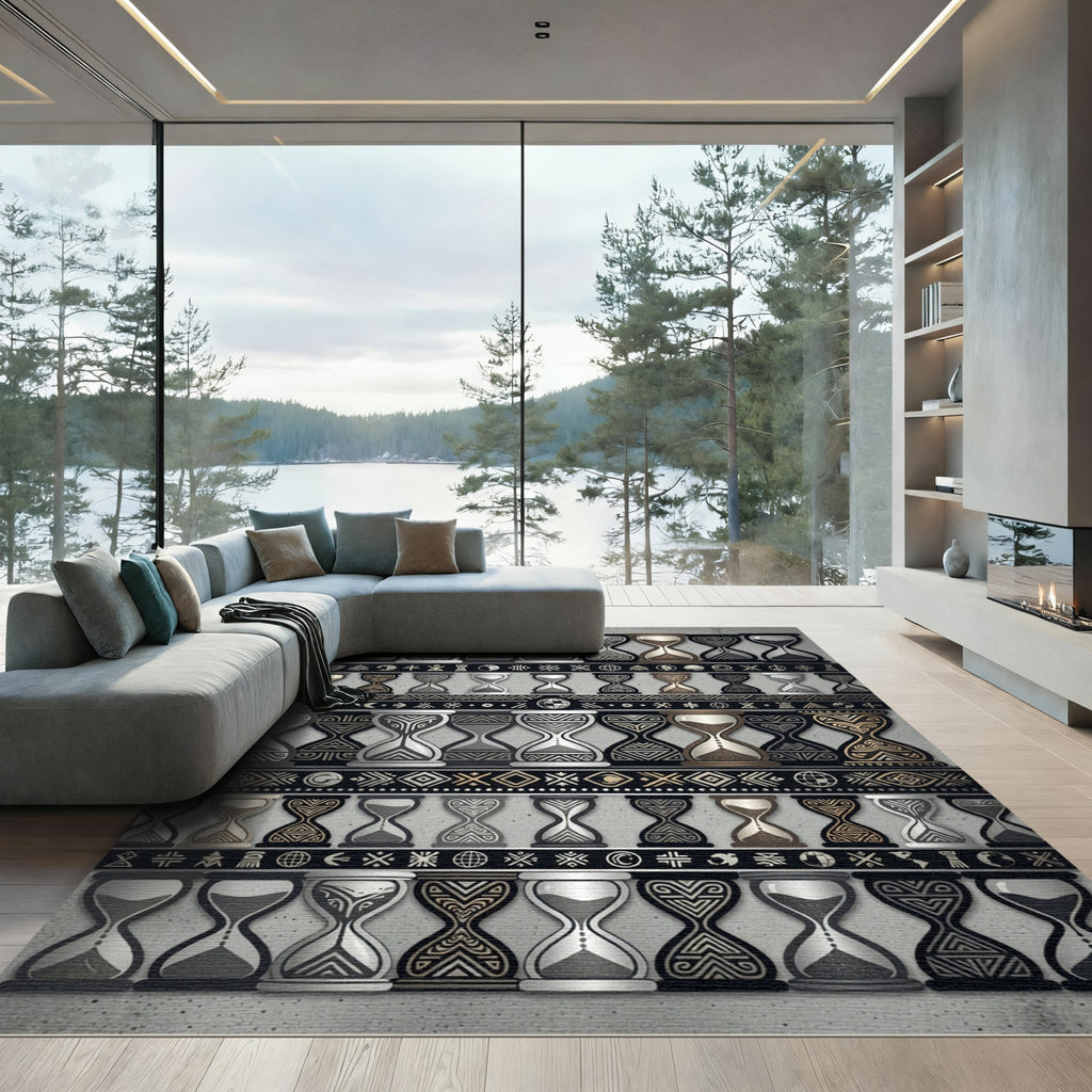 Ornate Hourglass Pattern Black Gold Rug