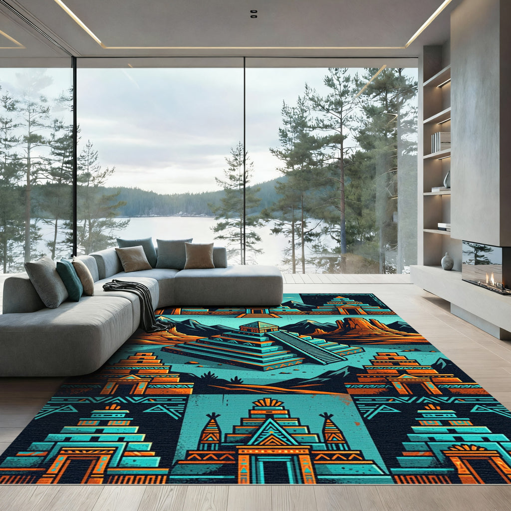 Turquoise Orange Ancient Pyramid Collage Rug