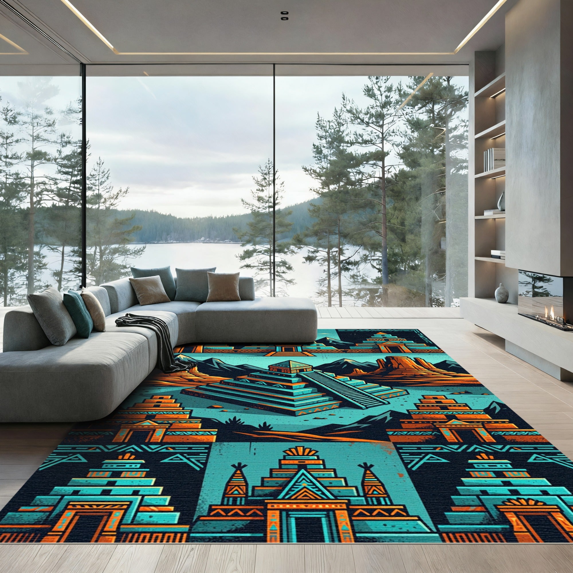 Turquoise Orange Ancient Pyramid Collage Rug
