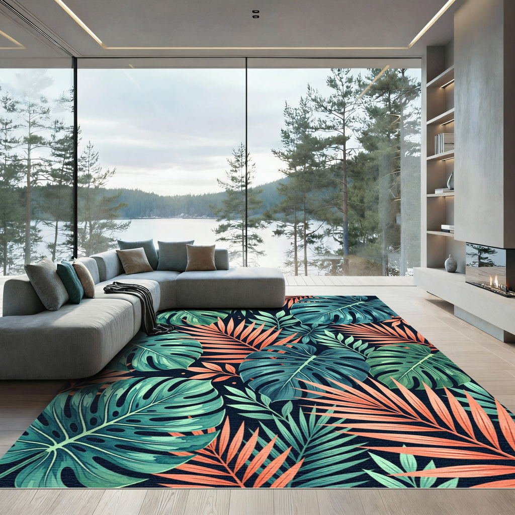 Tropical Monstera Palm Leaf Collage Rug