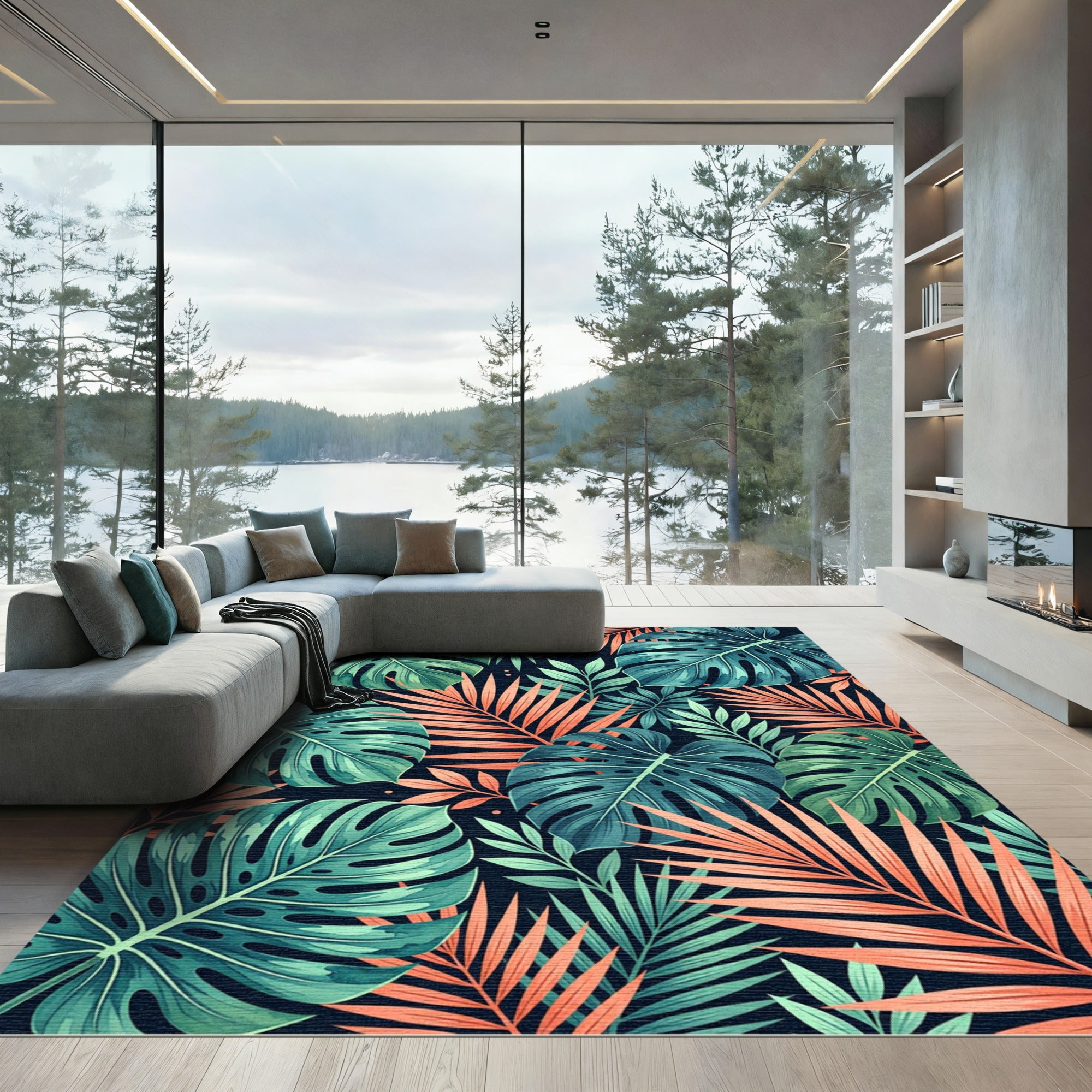 Tropical Monstera Palm Leaf Collage Rug