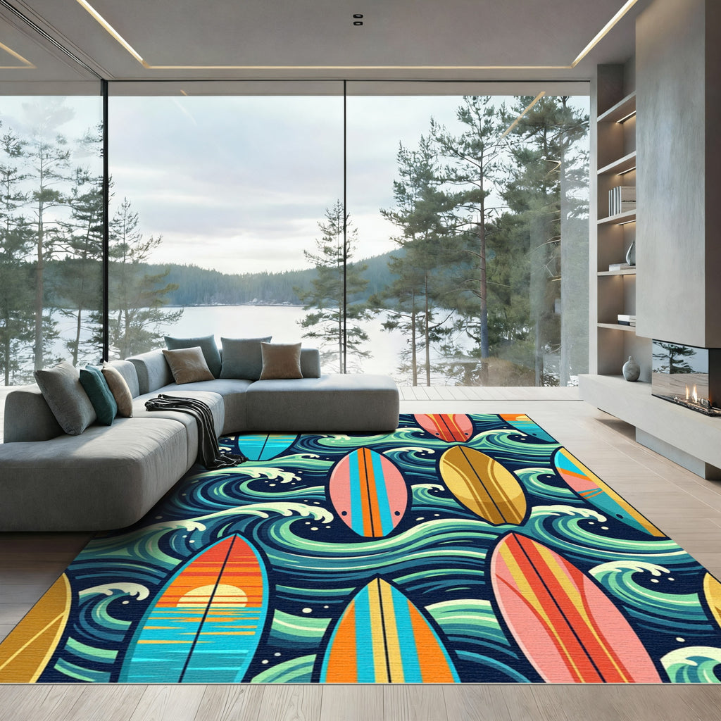 Retro Surfboard Sunset Ocean Wave Art Rug