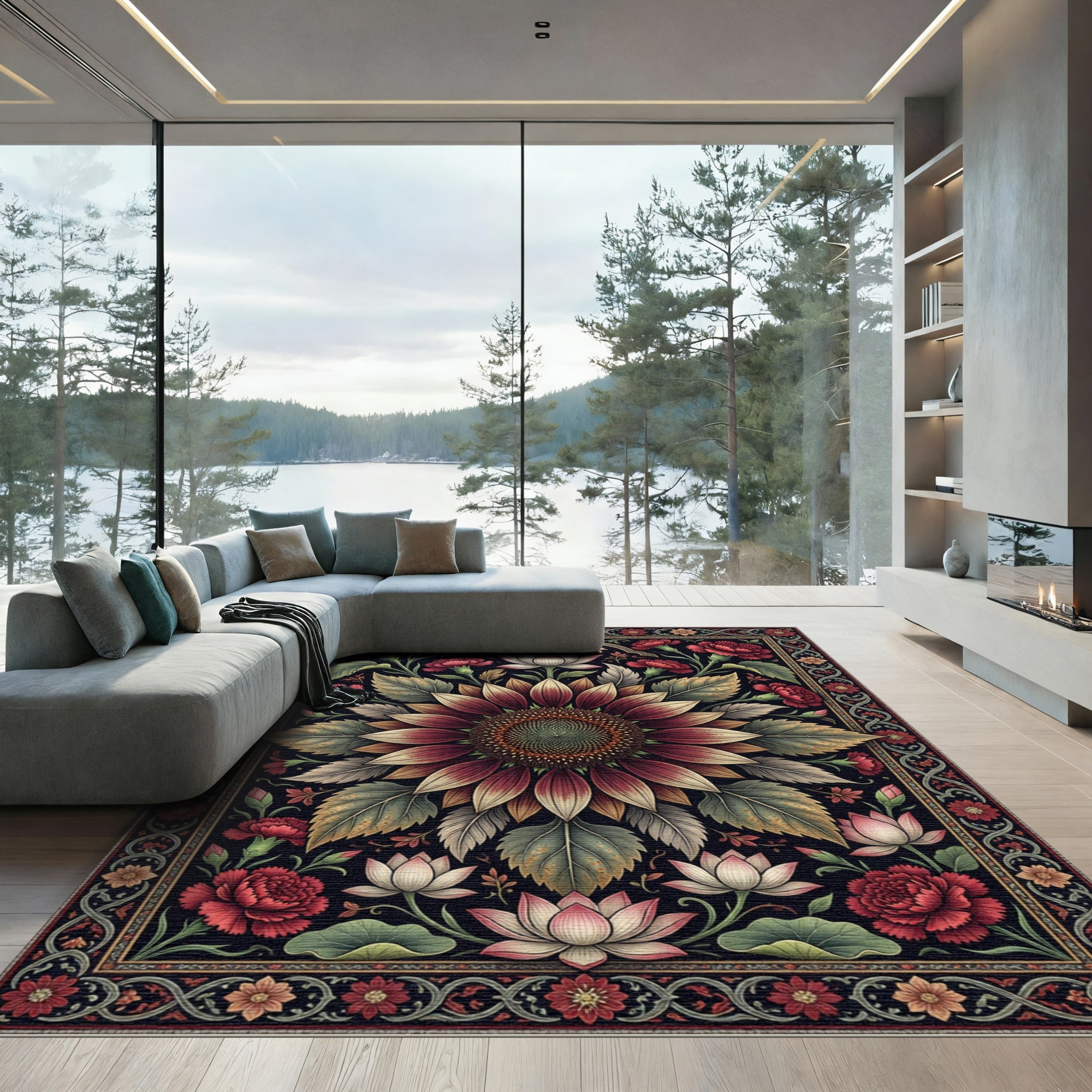 Deep Burgundy Sunflower Lotus Floral Tapestry Rug