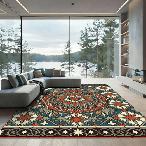 Art Deco Crimson Star Geometric Medallion Rug