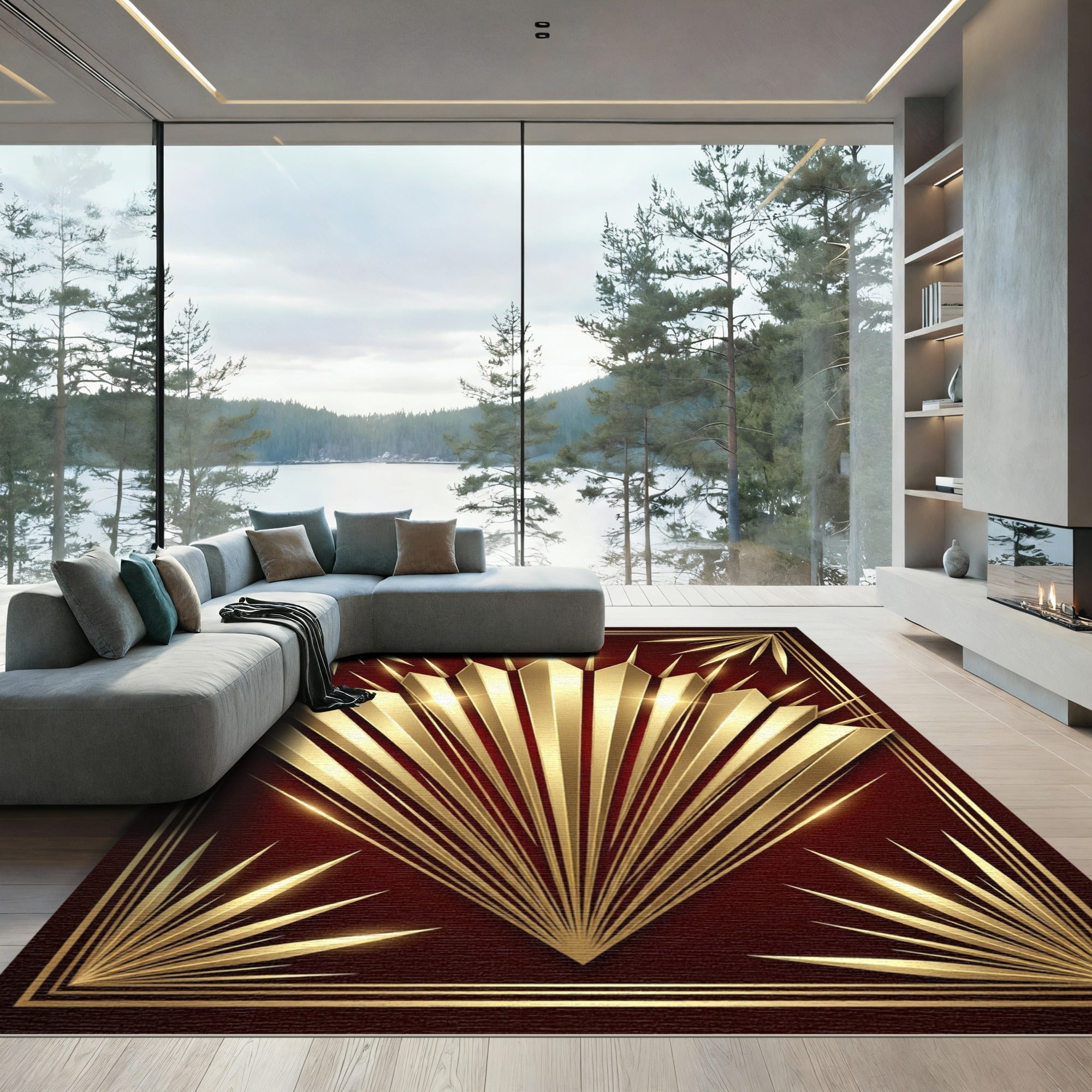 Golden Art Deco Radiant Fan Rug