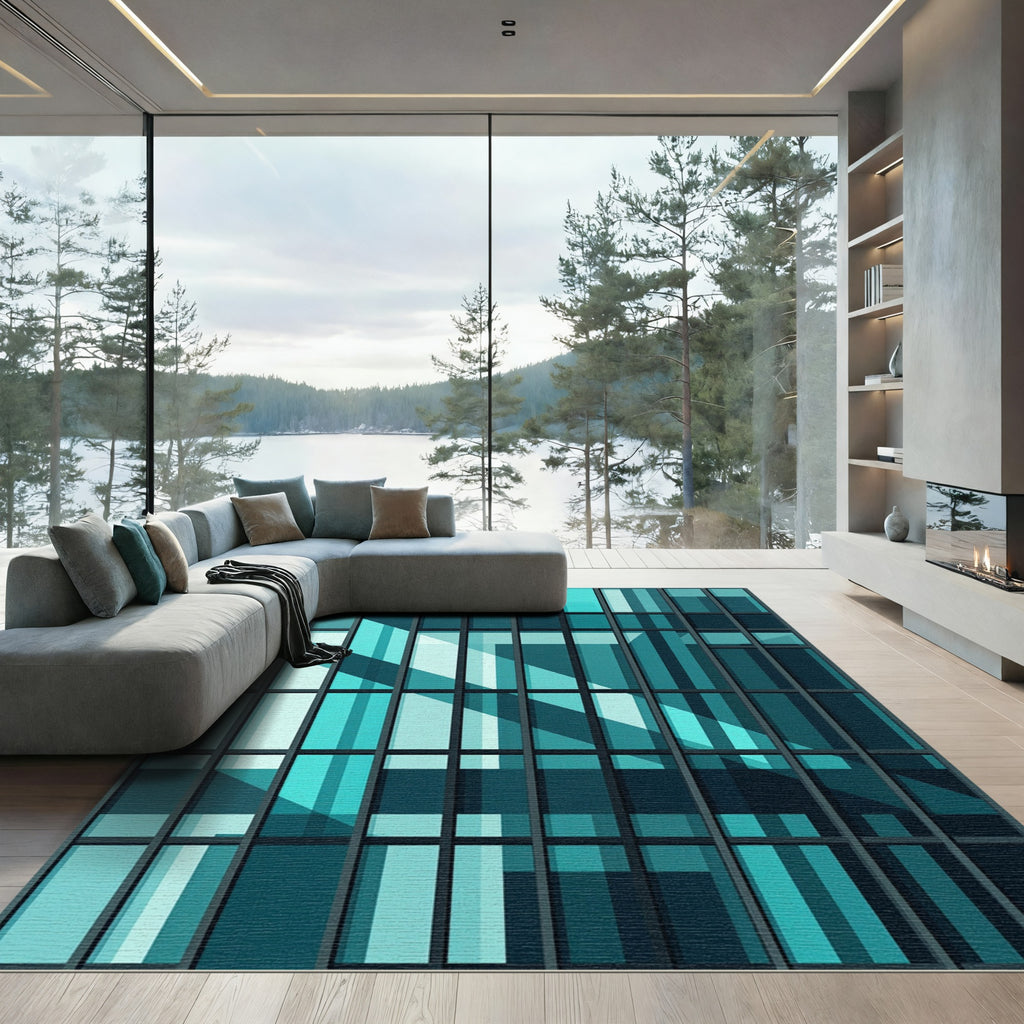 Modern Architectural Teal Grid Reflection Rug