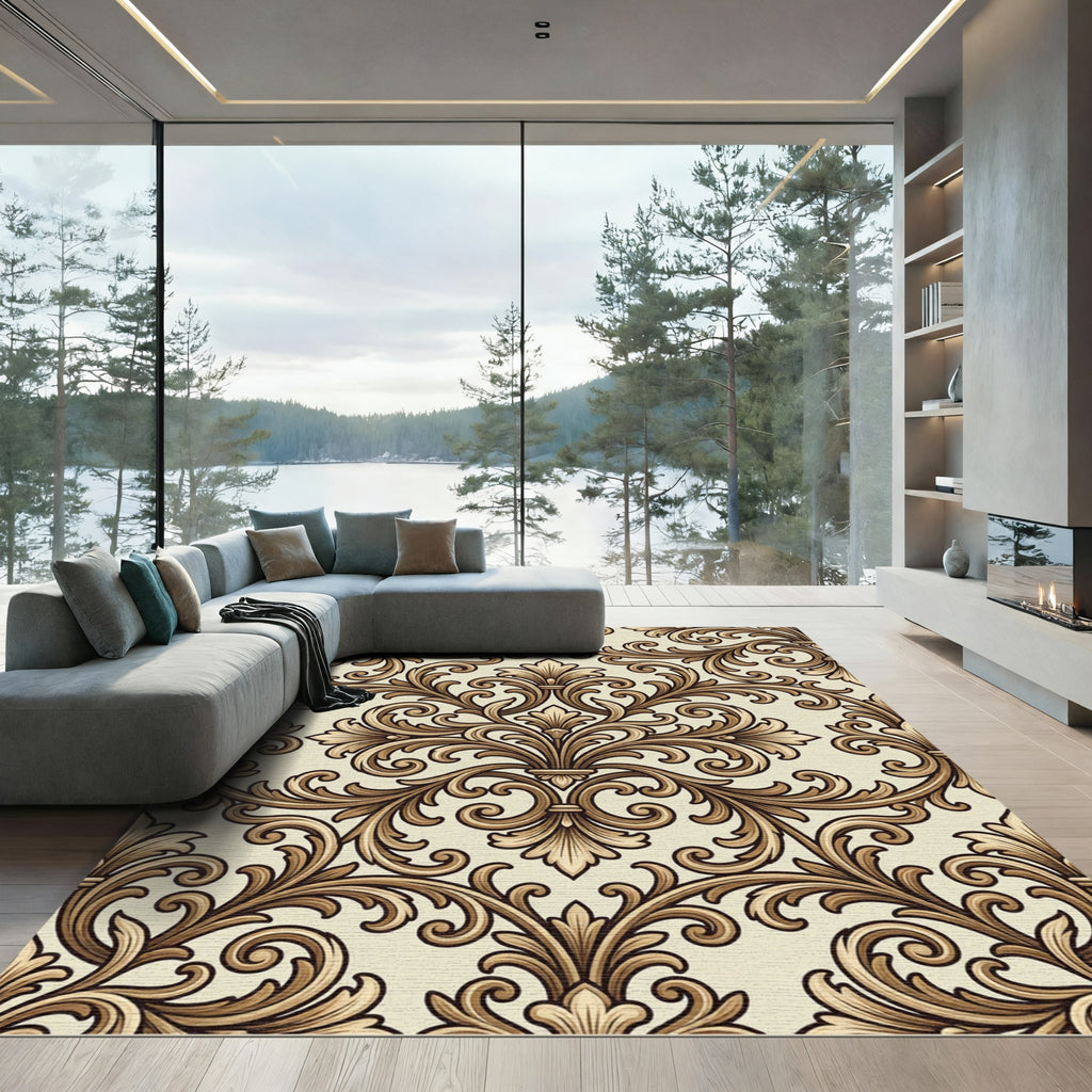 Antique Gold Scrollwork Damask Rug