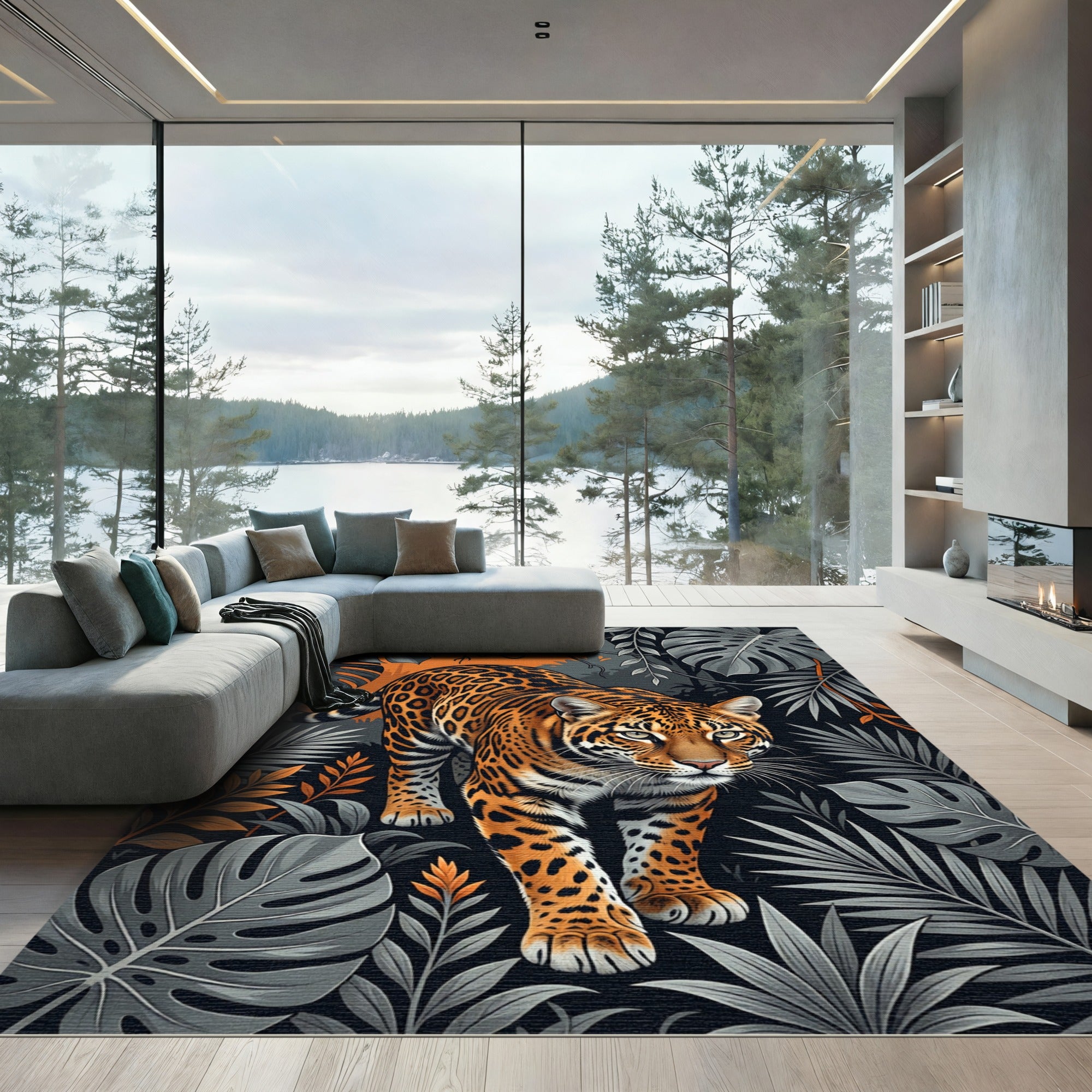 Bold Jungle Leopard Orange Tropical Foliage Rug