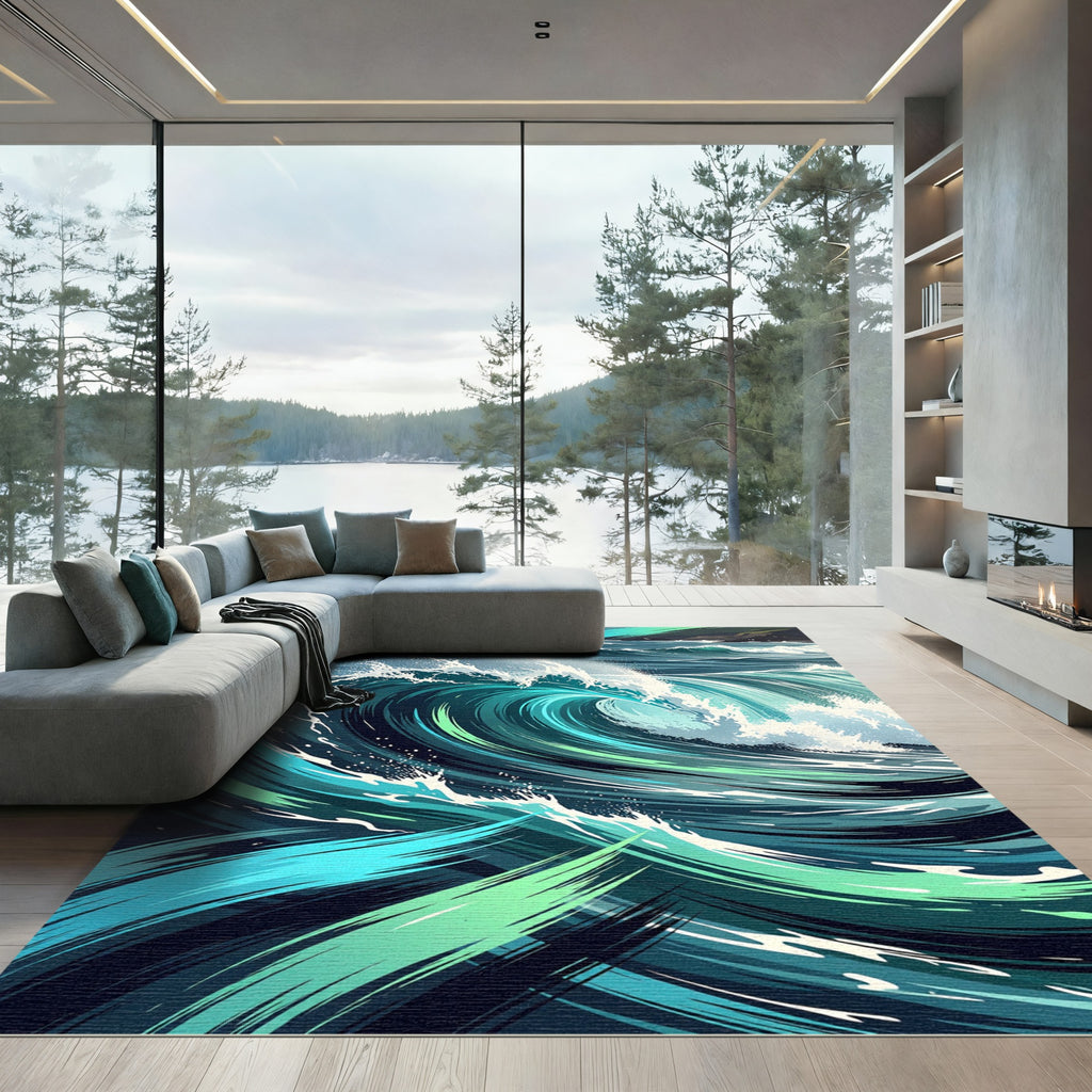 Dynamic Teal Ocean Wave Swirl Rug