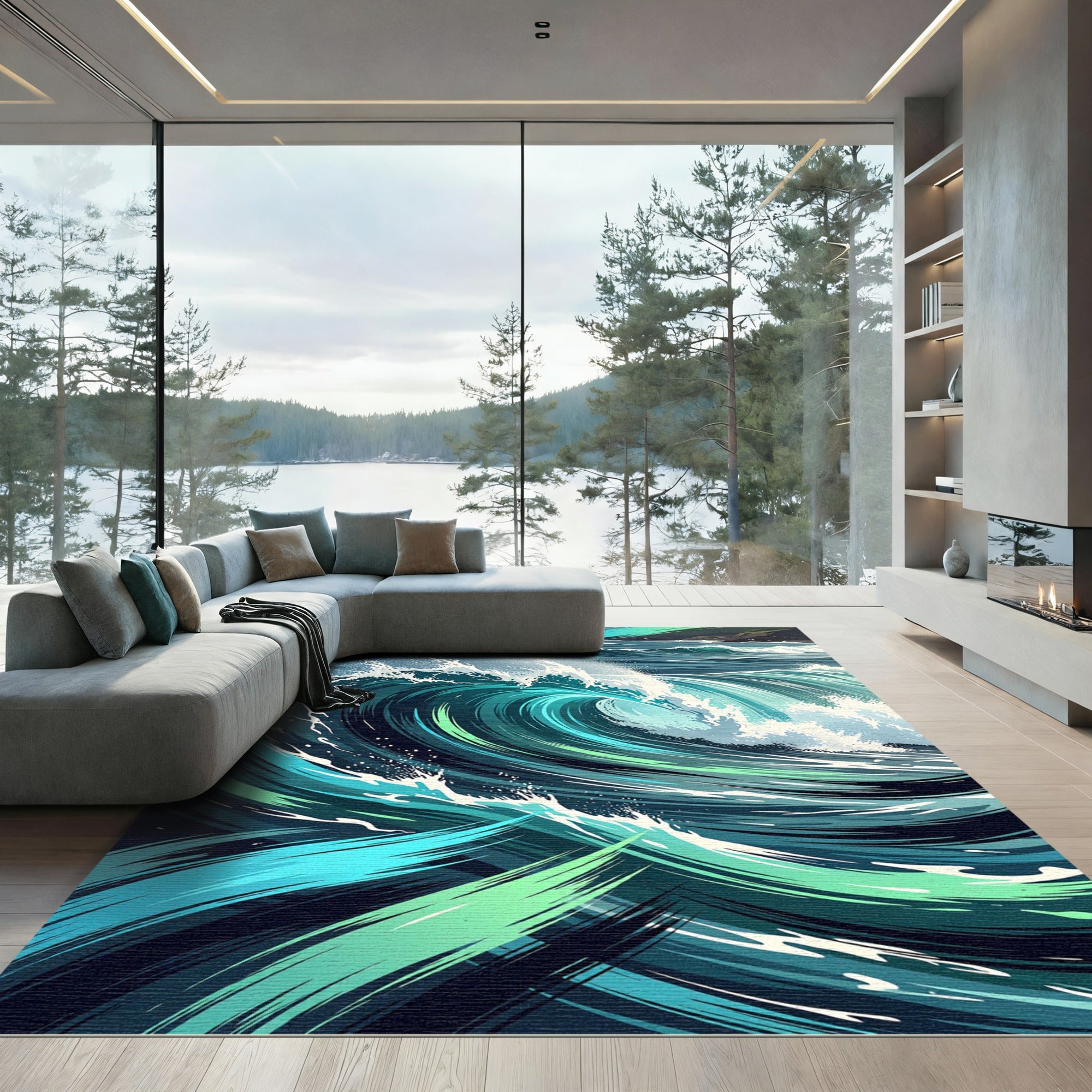 Dynamic Teal Ocean Wave Swirl Rug