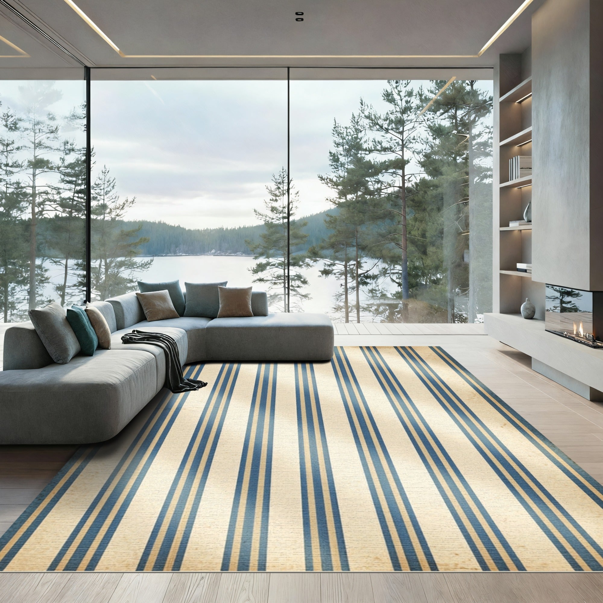 Classic Blue Cream Vertical Pinstripe Rug