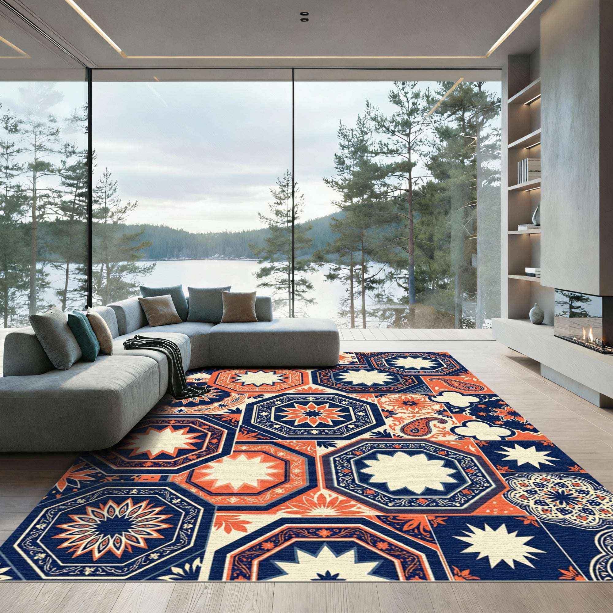 Navy and Tangerine Geometric Octagon Medallion Rug