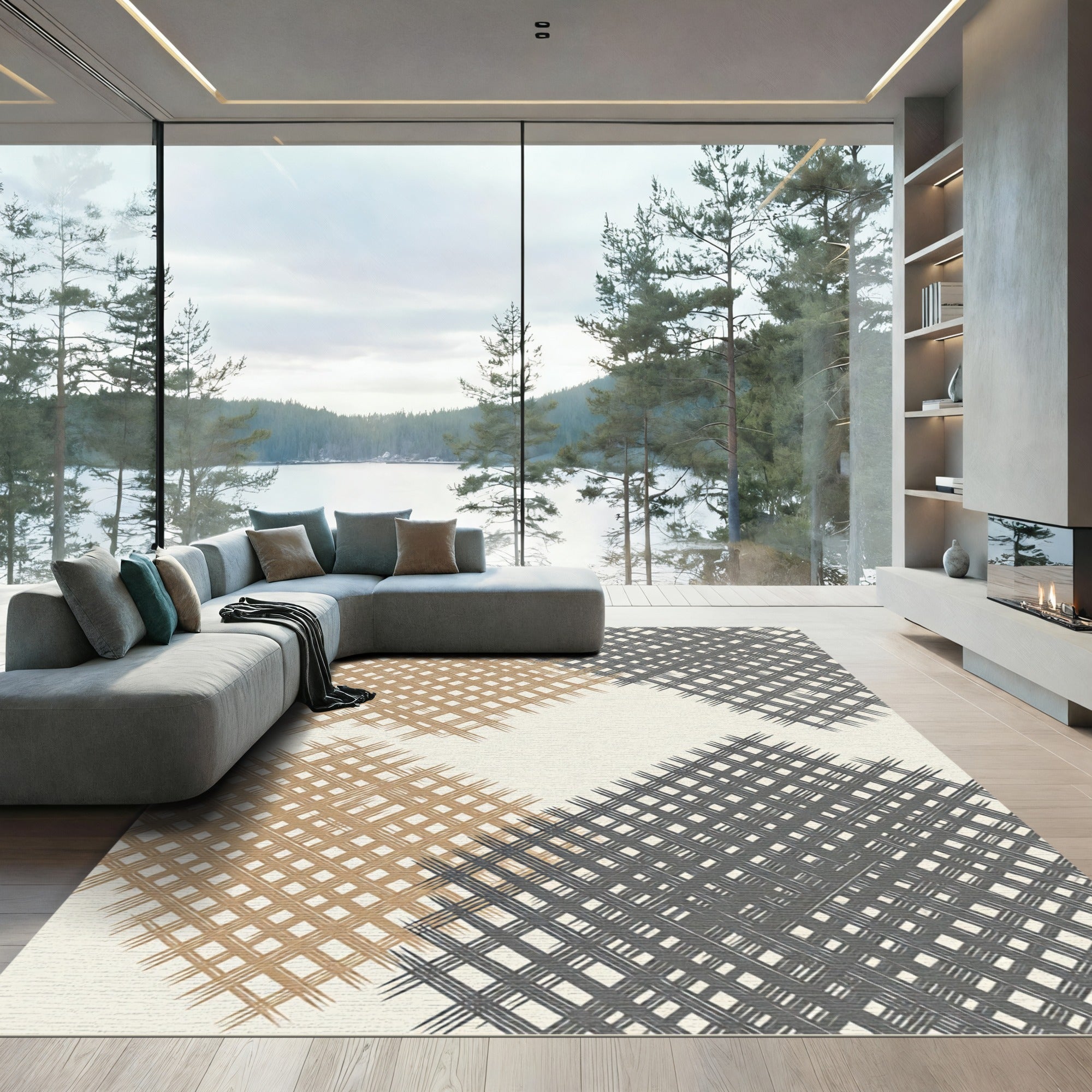 Taupe and Charcoal Geometric Grid Rug