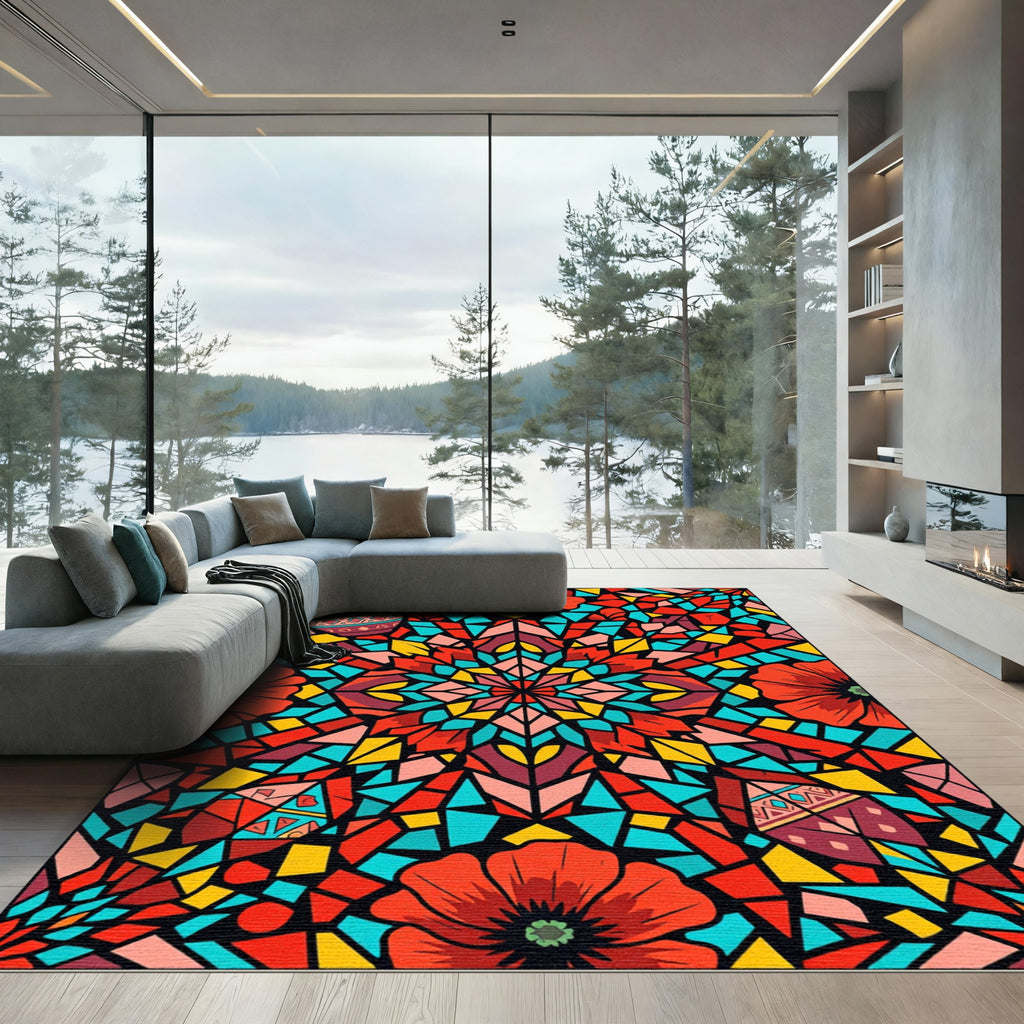 Red Floral Geometric Stained Glass Rug