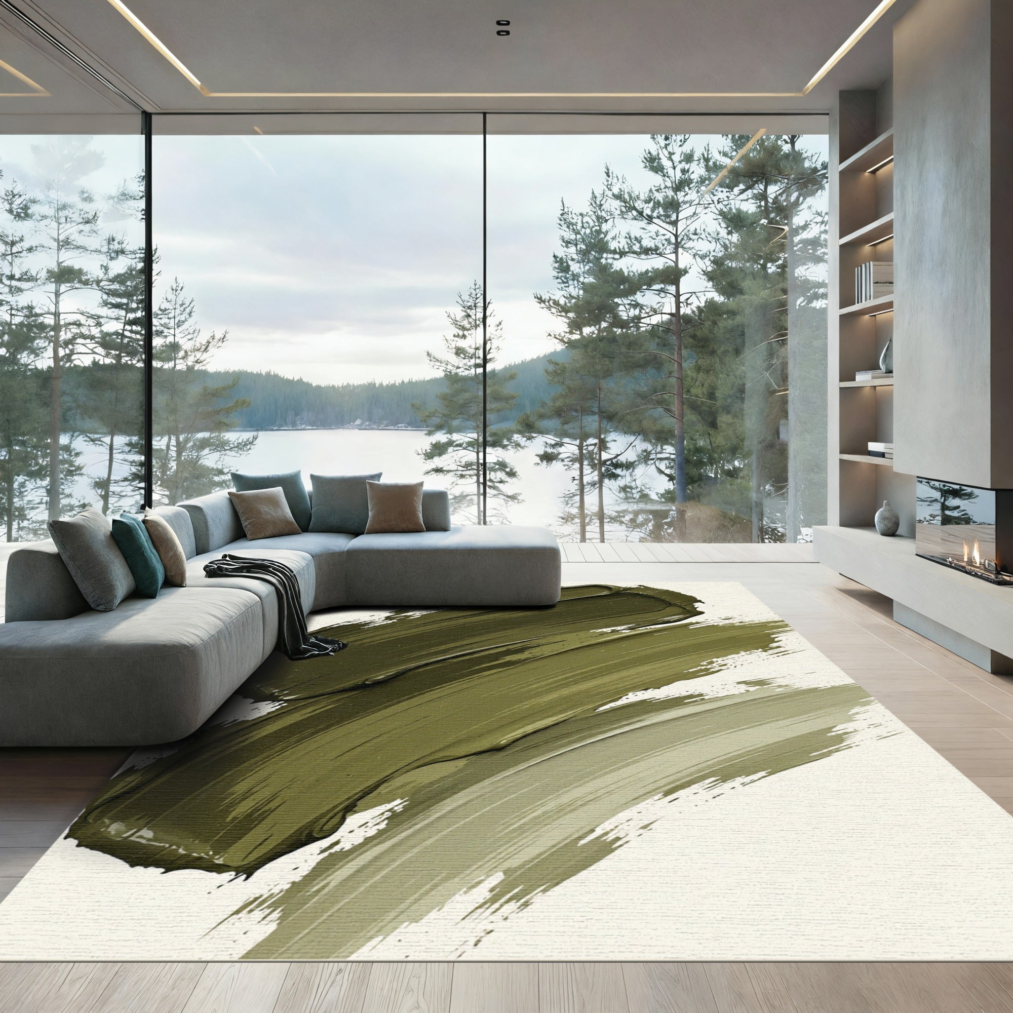 Minimalist Olive Green Abstract Brushstroke Rug