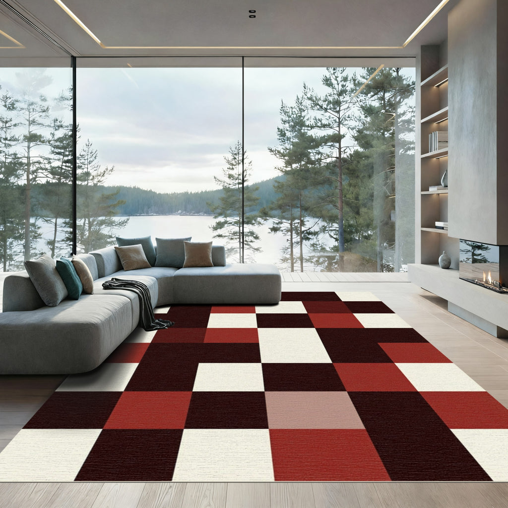 Modern Crimson and Cream Block Mosaic Rug