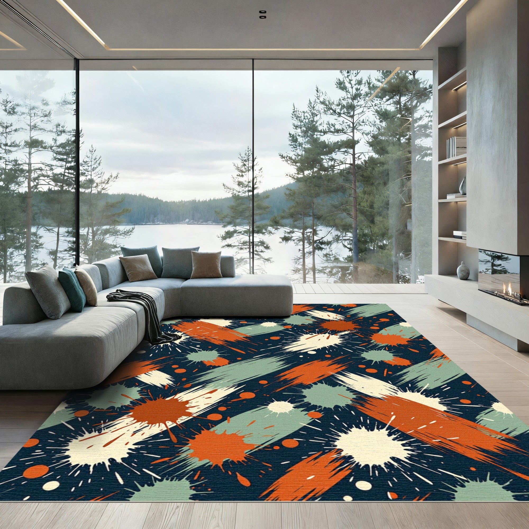 Abstract Burnt Orange Sage Splatter Rug