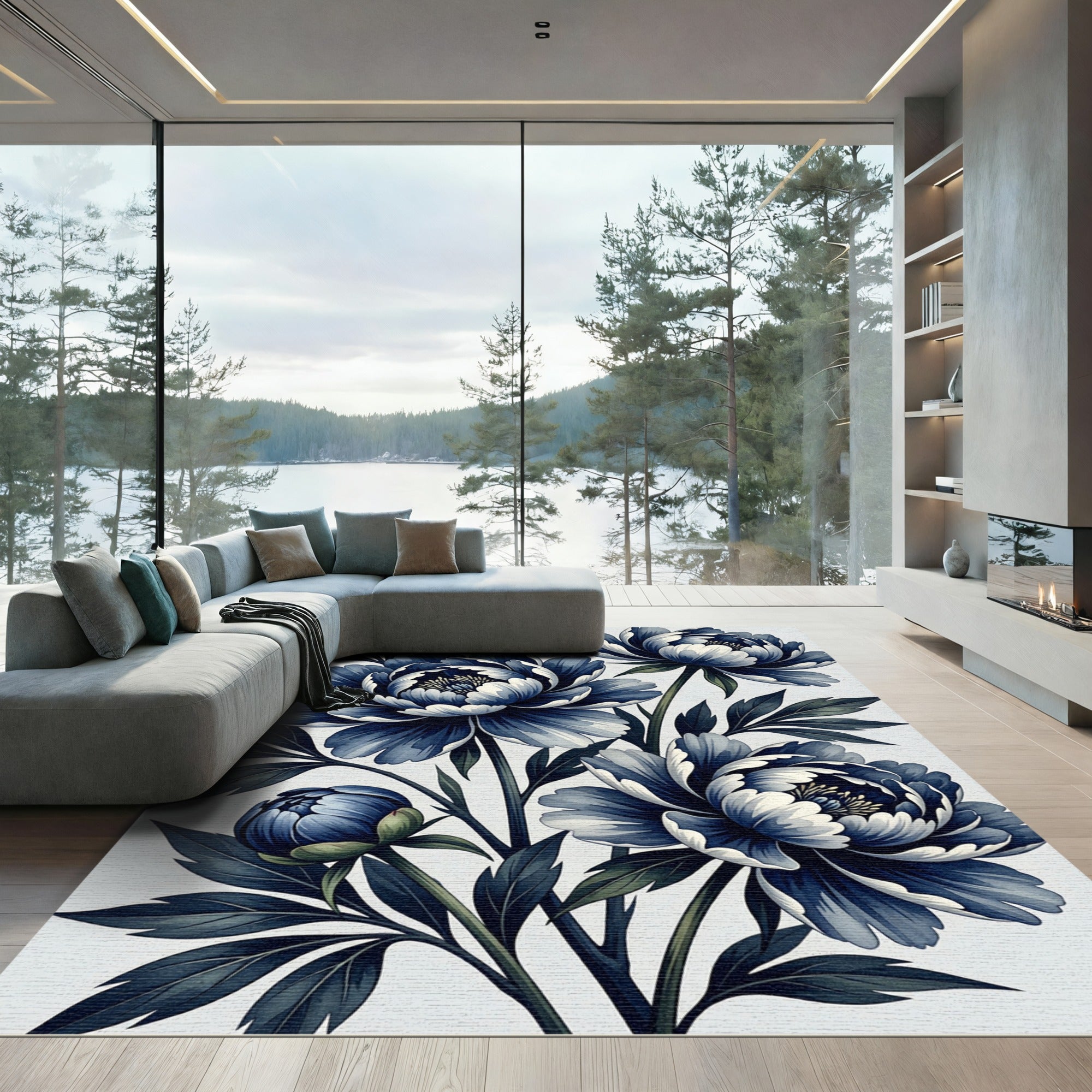 Elegant Navy Peony Botanical Illustration Rug