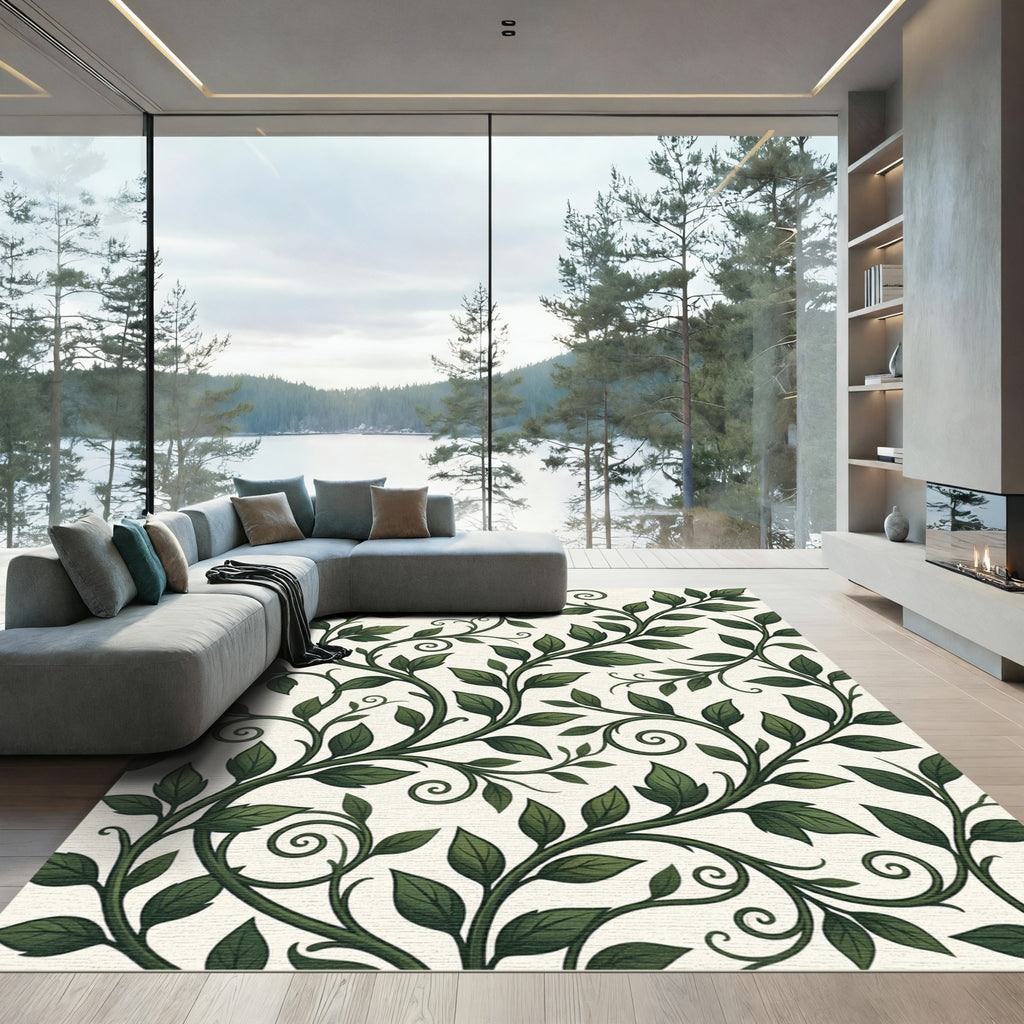 Lush Green Botanical Scrolling Vine Rug