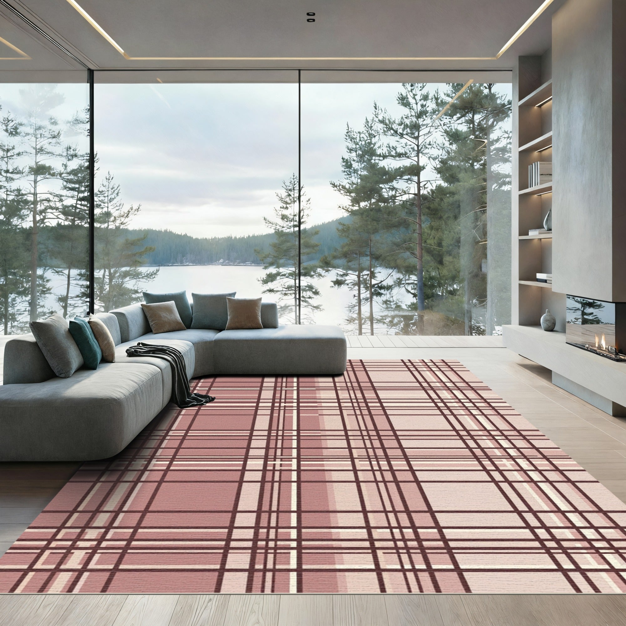 Dusty Rose Plaid Grid Composition Rug