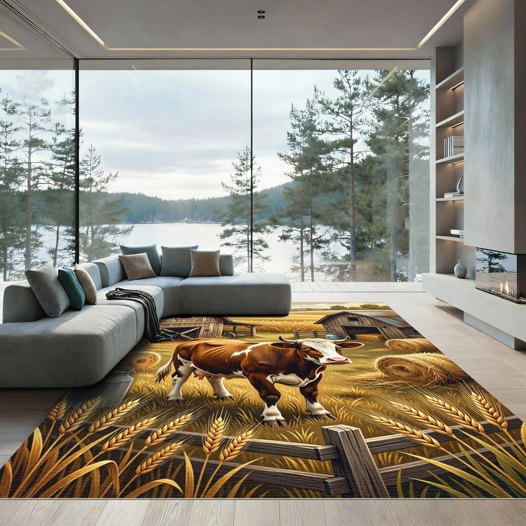 Rustic Farmhouse Bovine Wheat Field Art Rug