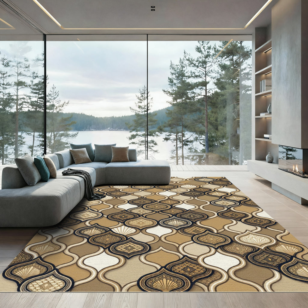 Elegant Gold Scalloped Geometric Tile Rug