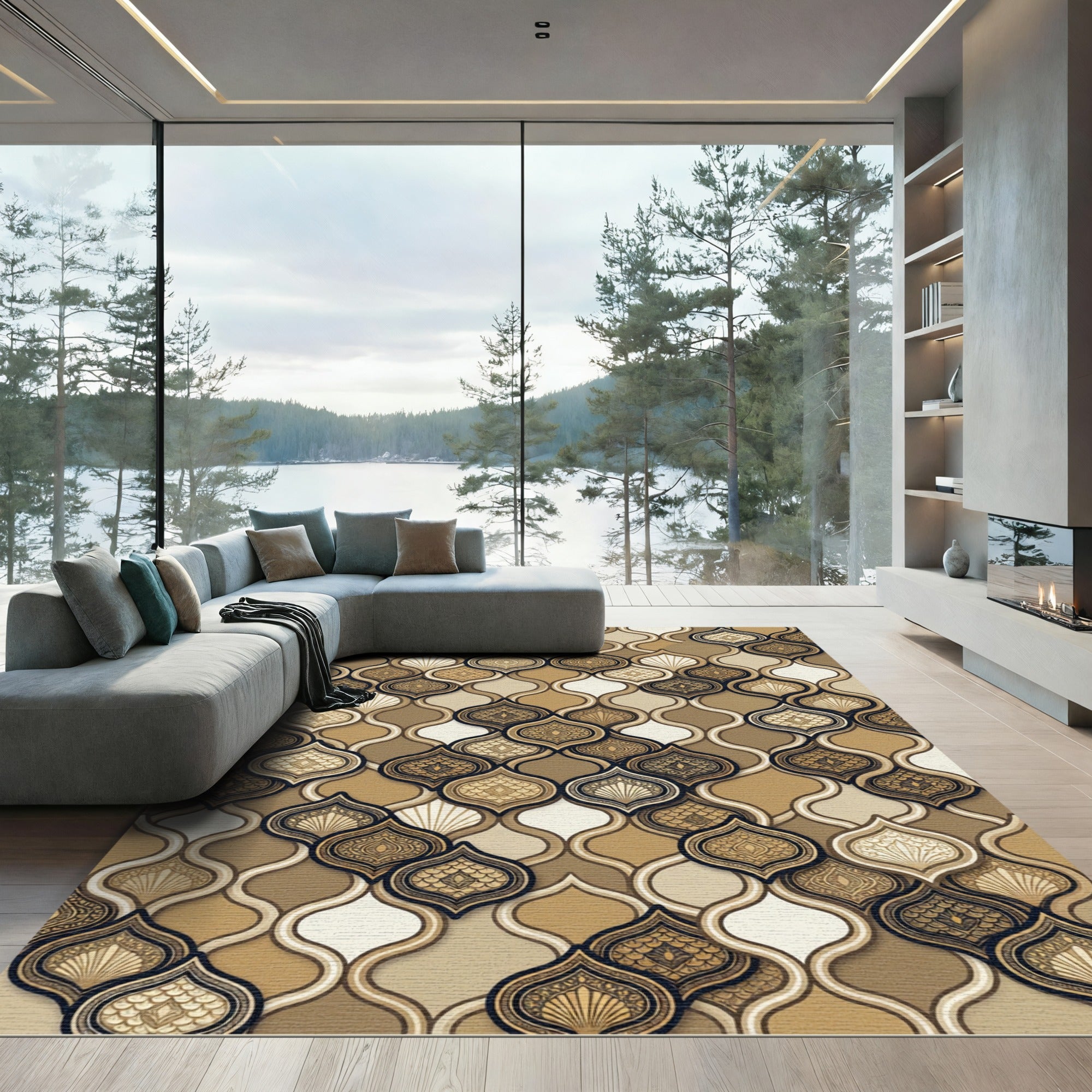 Elegant Gold Scalloped Geometric Tile Rug