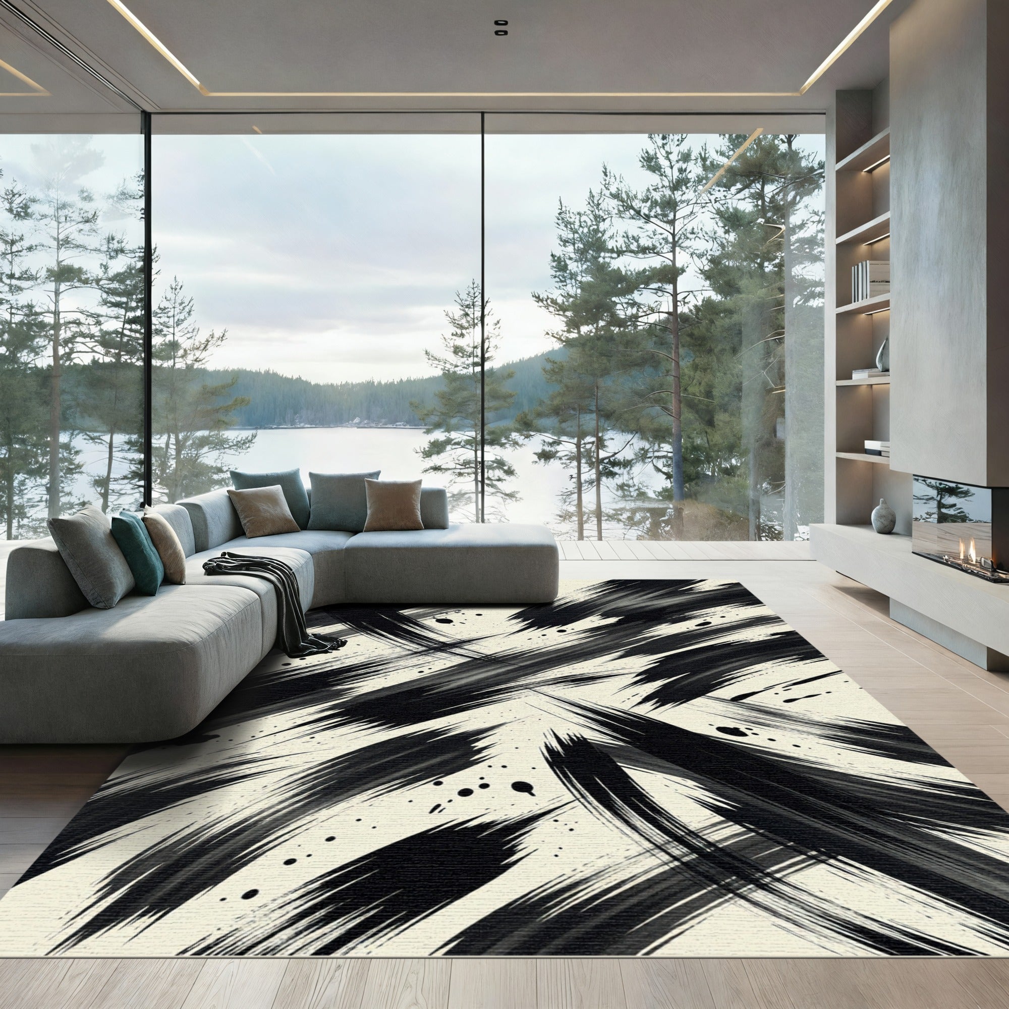 Dynamic Monochrome Abstract Brush Stroke Art Rug