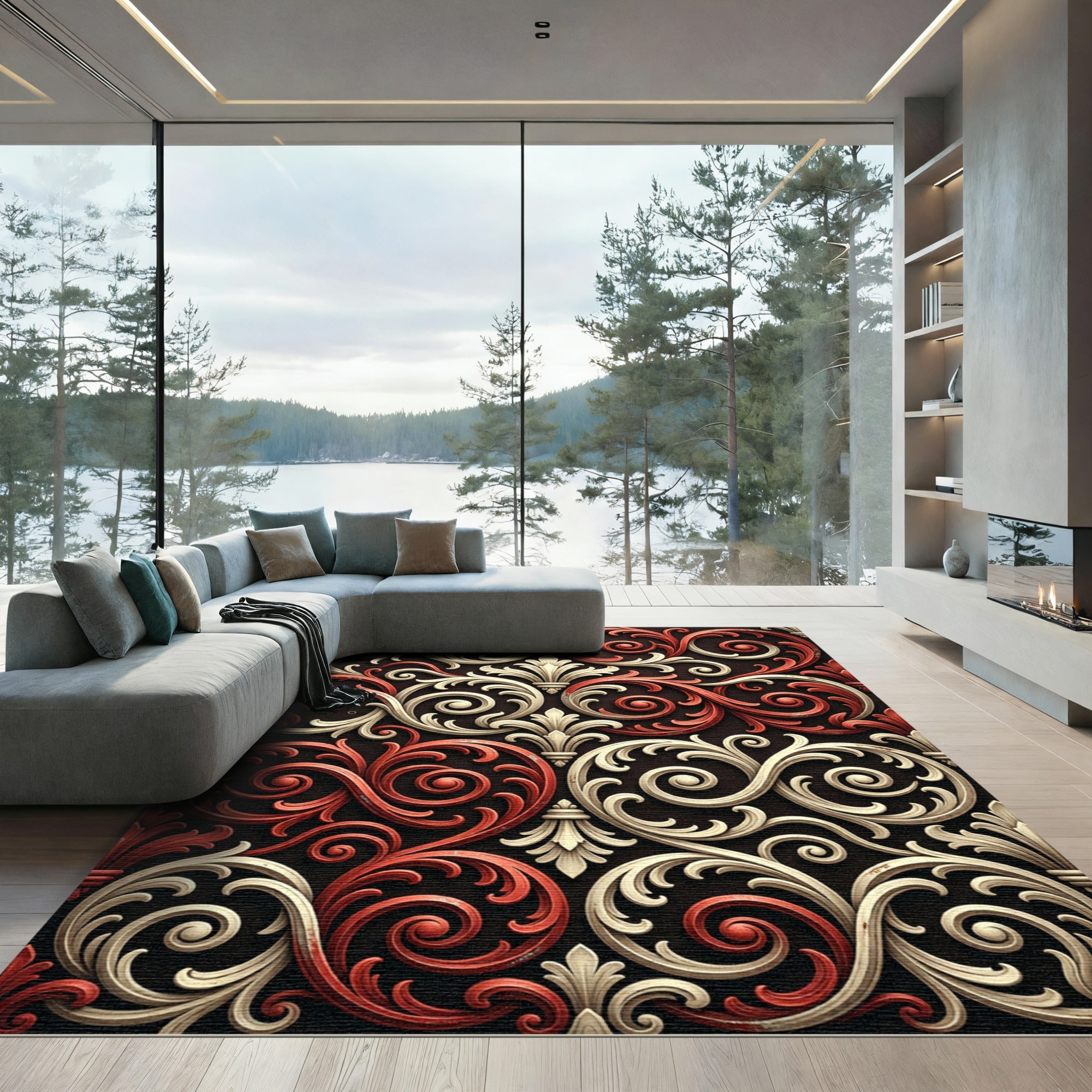 Elegant Crimson and Cream Scrollwork Rug