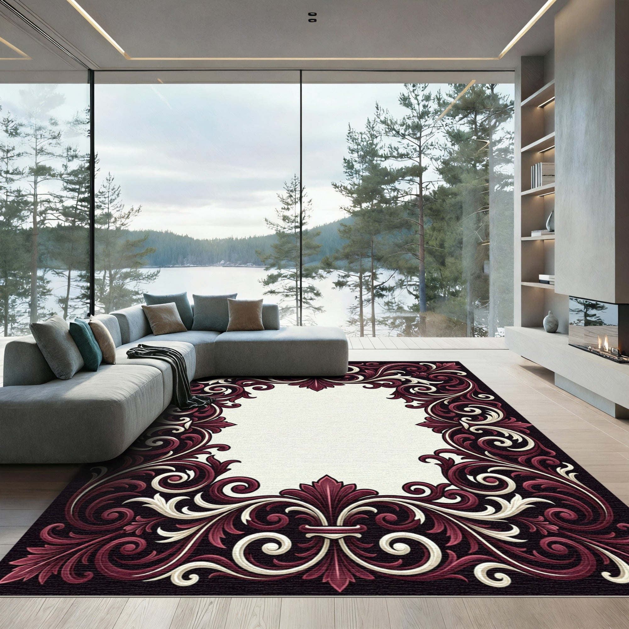 Ornate Burgundy Cream Baroque Scroll Rug