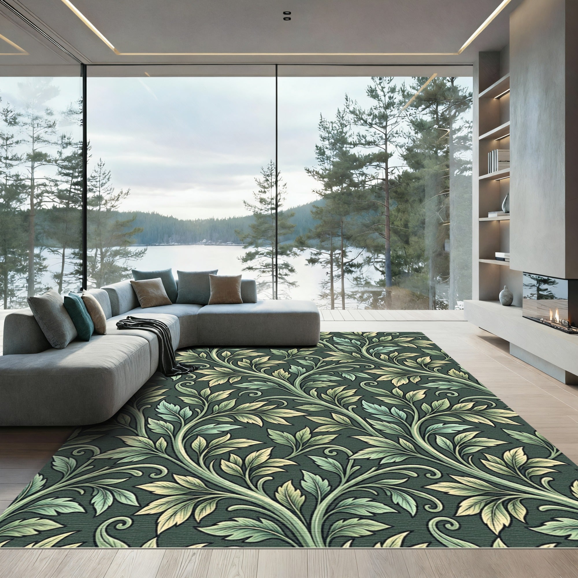 Sage Leaf Swirl Botanical Trellis Rug