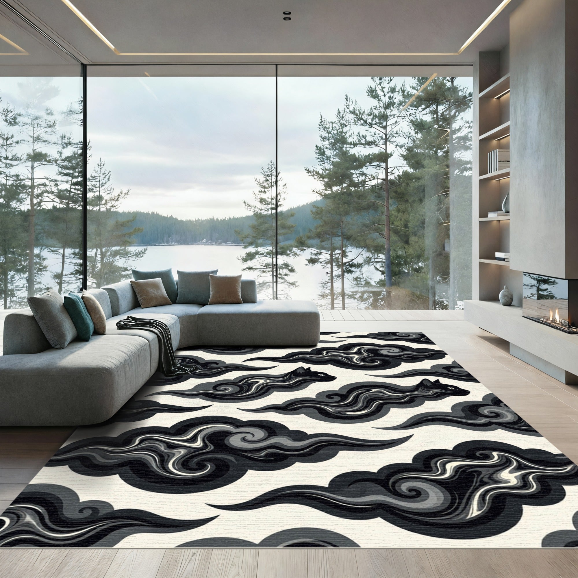 Ethereal Black Cat Swirling Cloud Ink Rug