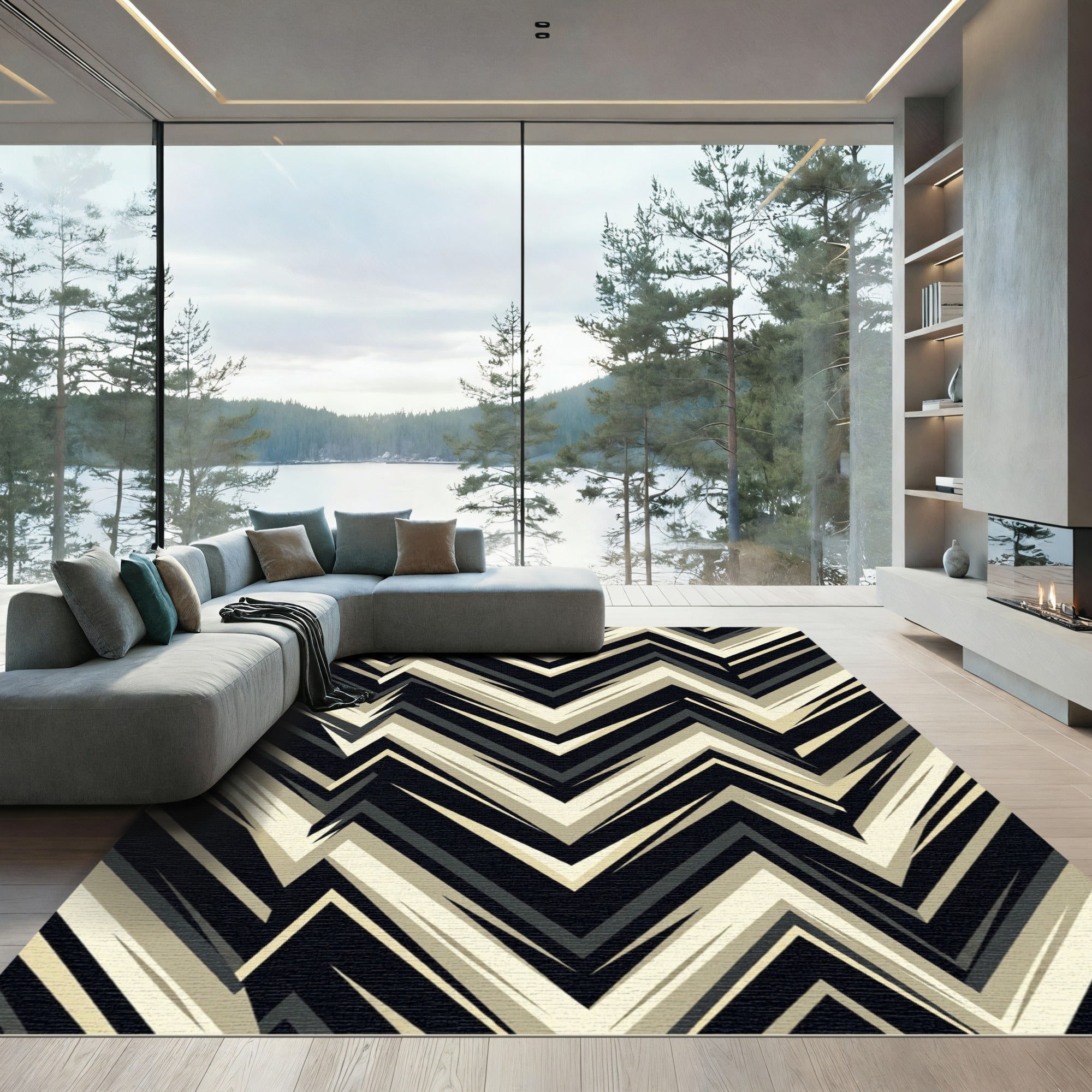 Sharp Zigzag Black Cream Gray Lines Rug