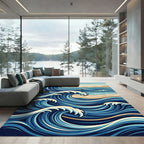 Japanese Inspired Deep Blue Ocean Waves Rug