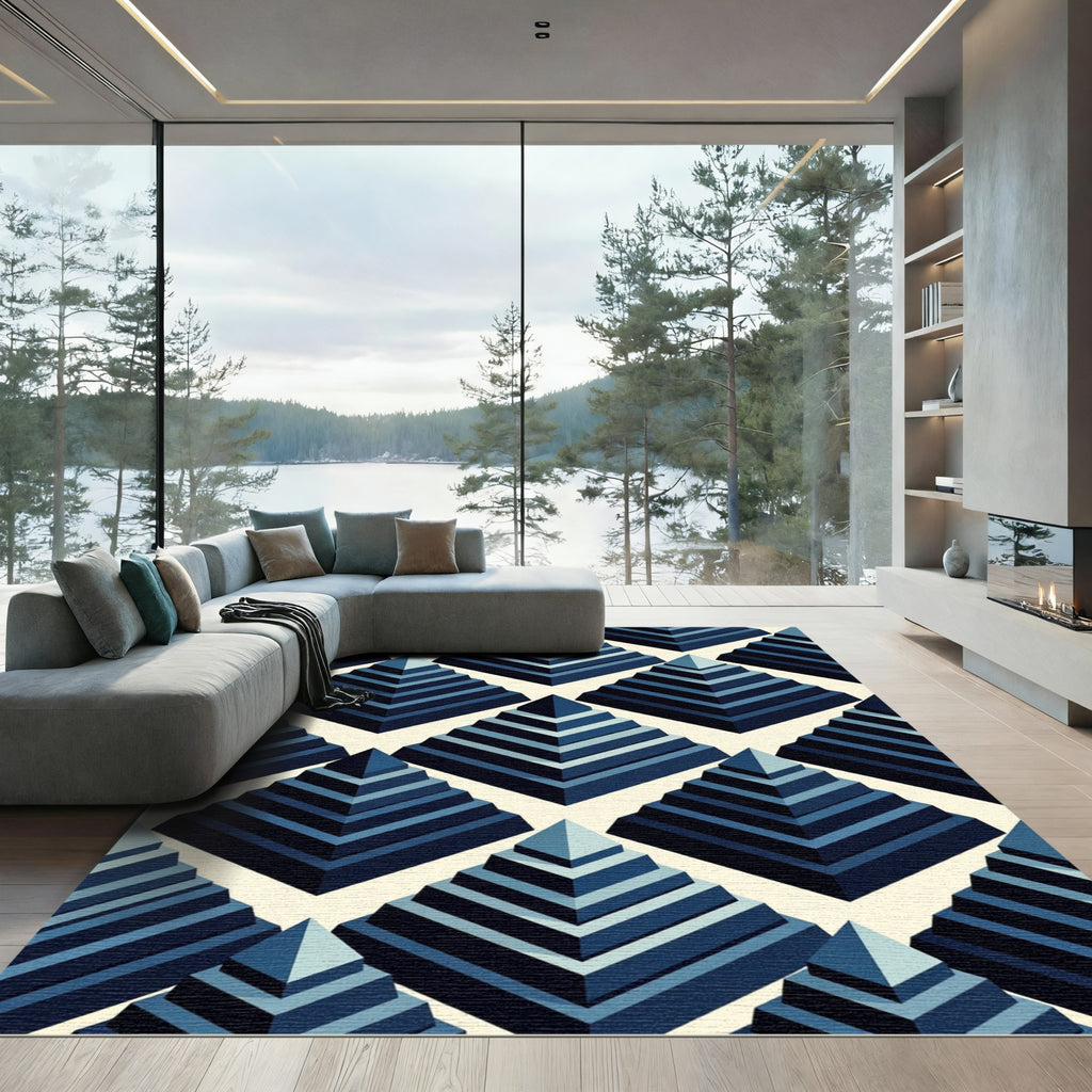 Geometric Blue Tiered Pyramid Rug