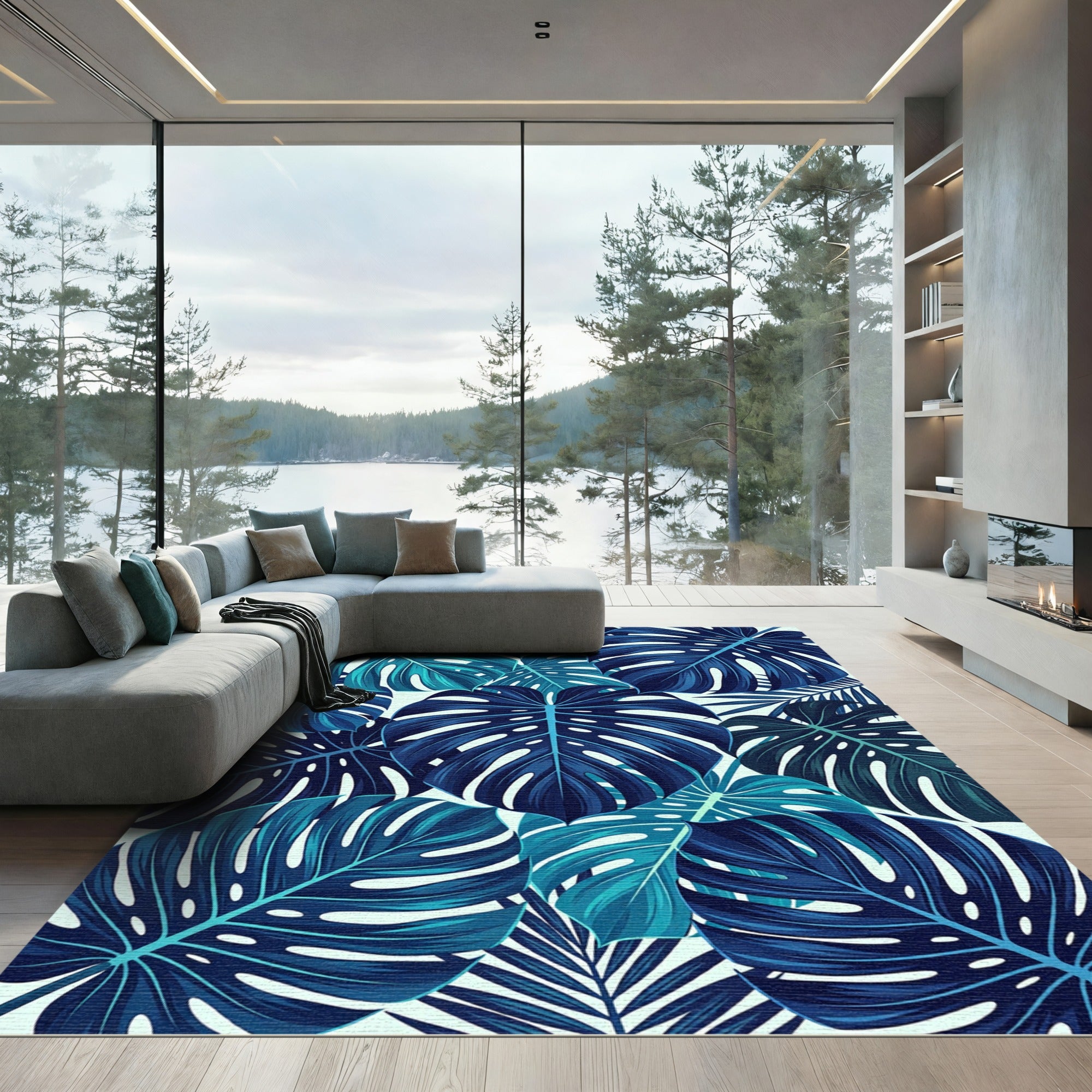 Deep Blue Tropical Monstera Leaves Rug