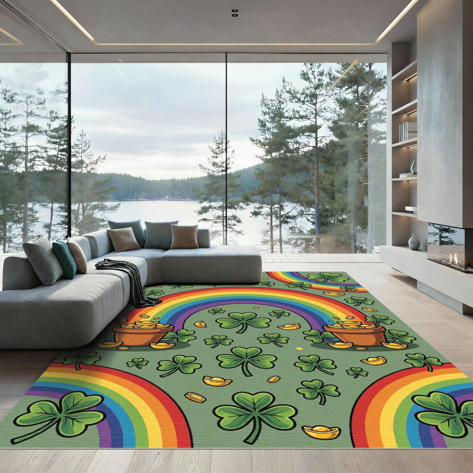 Vibrant Lucky Shamrock Rainbow Gold Rug