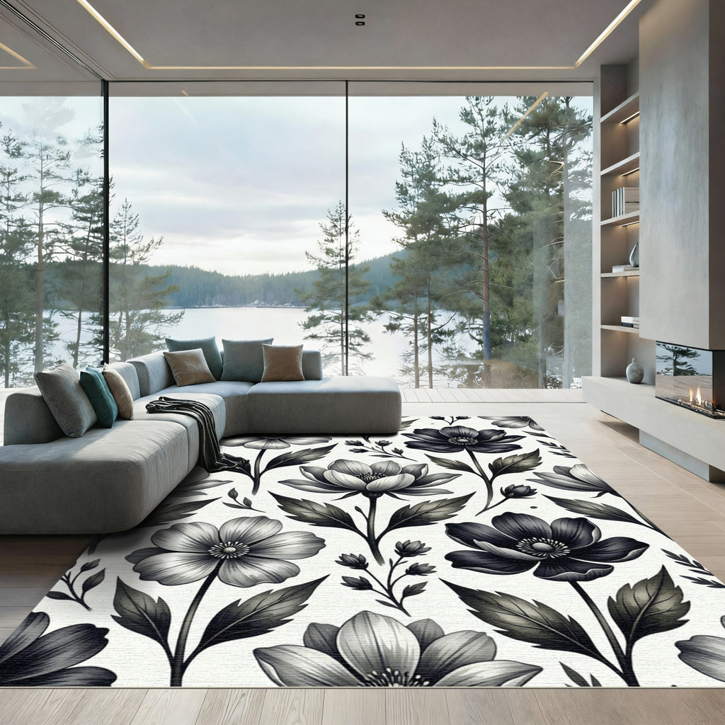 Monochrome Botanical Floral Ink Sketch Rug